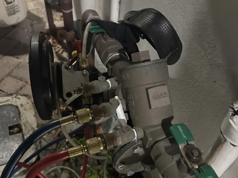 Backflow preventer assembly with test gauge hoses attached
