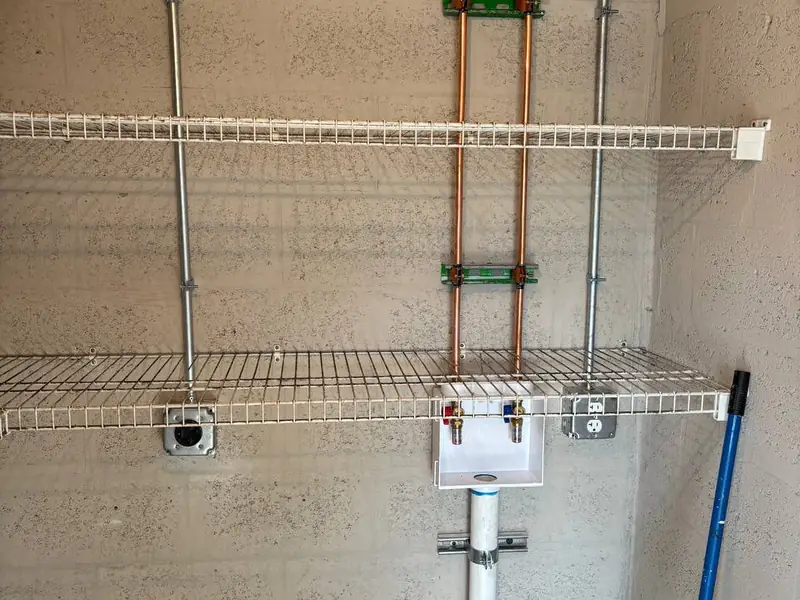 Laundry box with copper, galvanized, and PVC rough-in